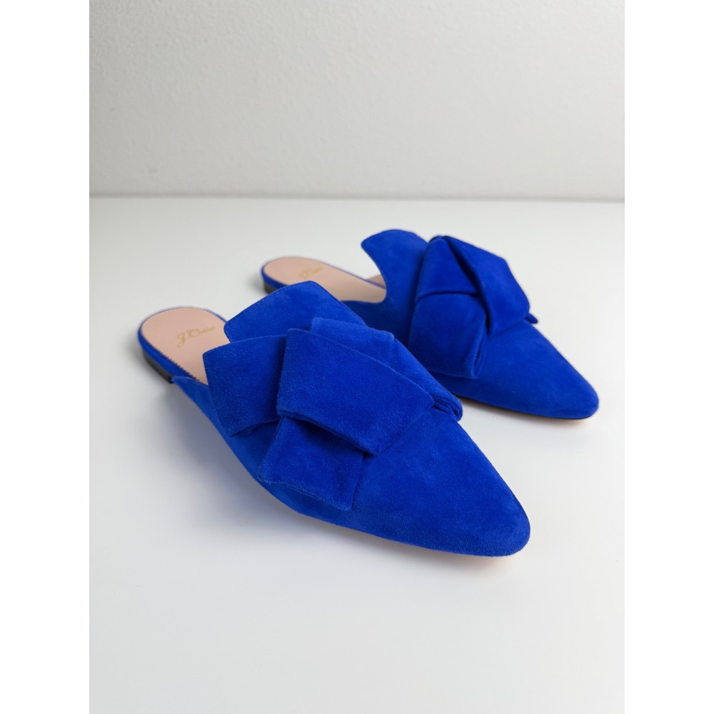 J.Crew Suede Mules 8 Cobalt Blue Pointed Toe Statement Cocktail Bow Flats K0566